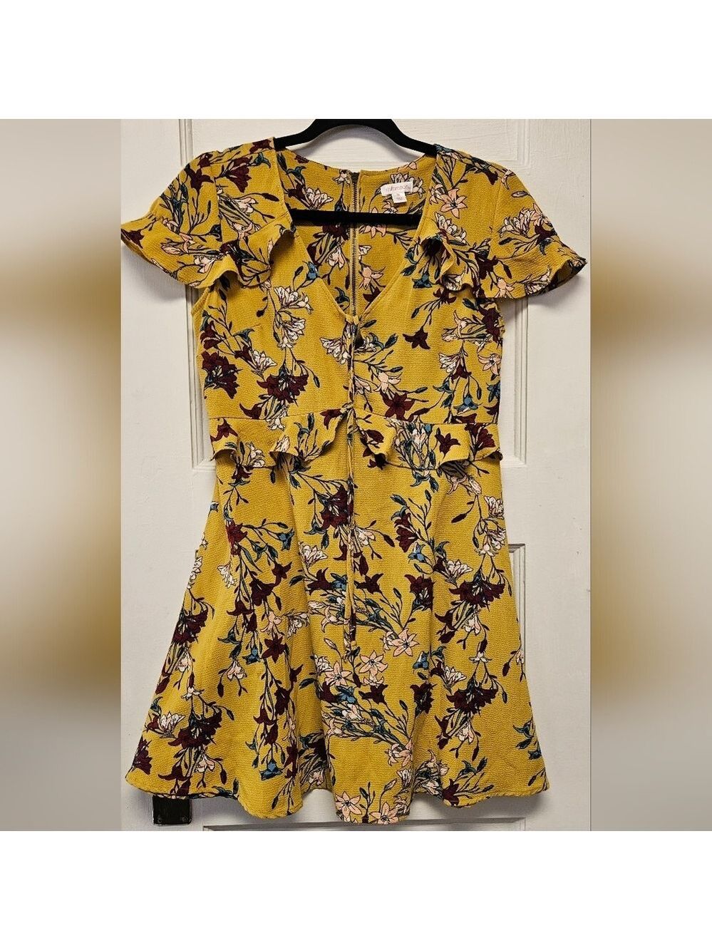 Mustard Yellow Floral Ruffle Sleeve Mini Dress Boho A-Line Medium